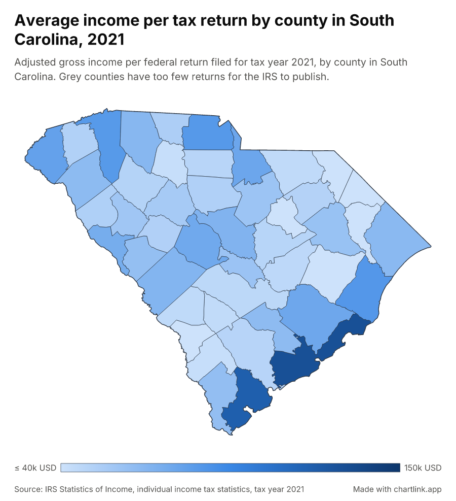 Average income per tax return by county in South Carolina, 2021