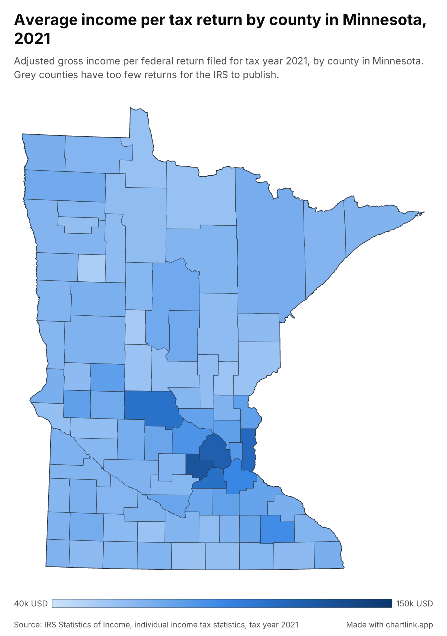 Average income per tax return by county in Minnesota, 2021
