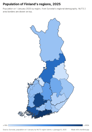 Map of Finland by region, one number per region
