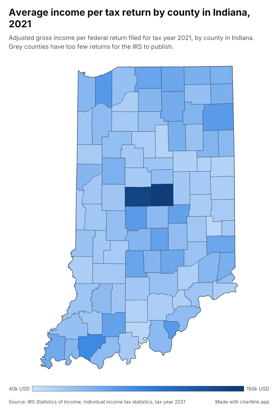 Average income per tax return by county in Indiana, 2021