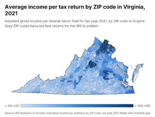Map of Virginia by ZIP code, one number per ZIP code