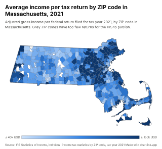 Map of Massachusetts by ZIP code, one number per ZIP code