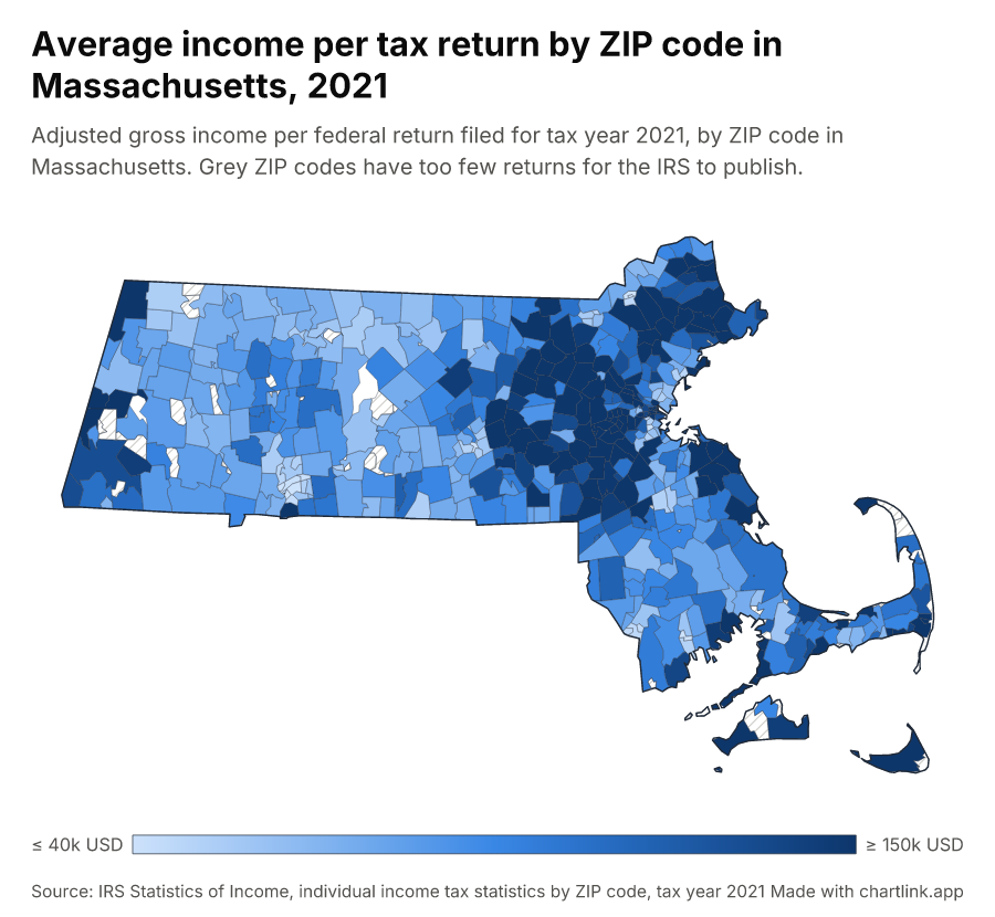 Average income per tax return by ZIP code in Massachusetts, 2021