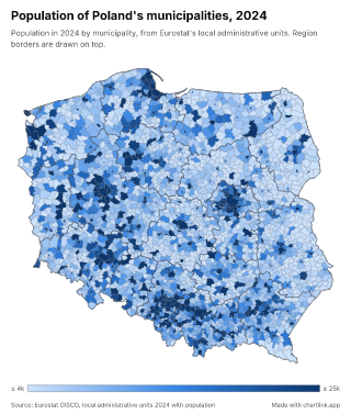 Map of Poland by municipality, one number per municipality