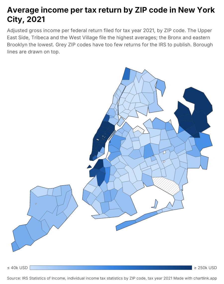 Average income per tax return by ZIP code in New York City, 2021