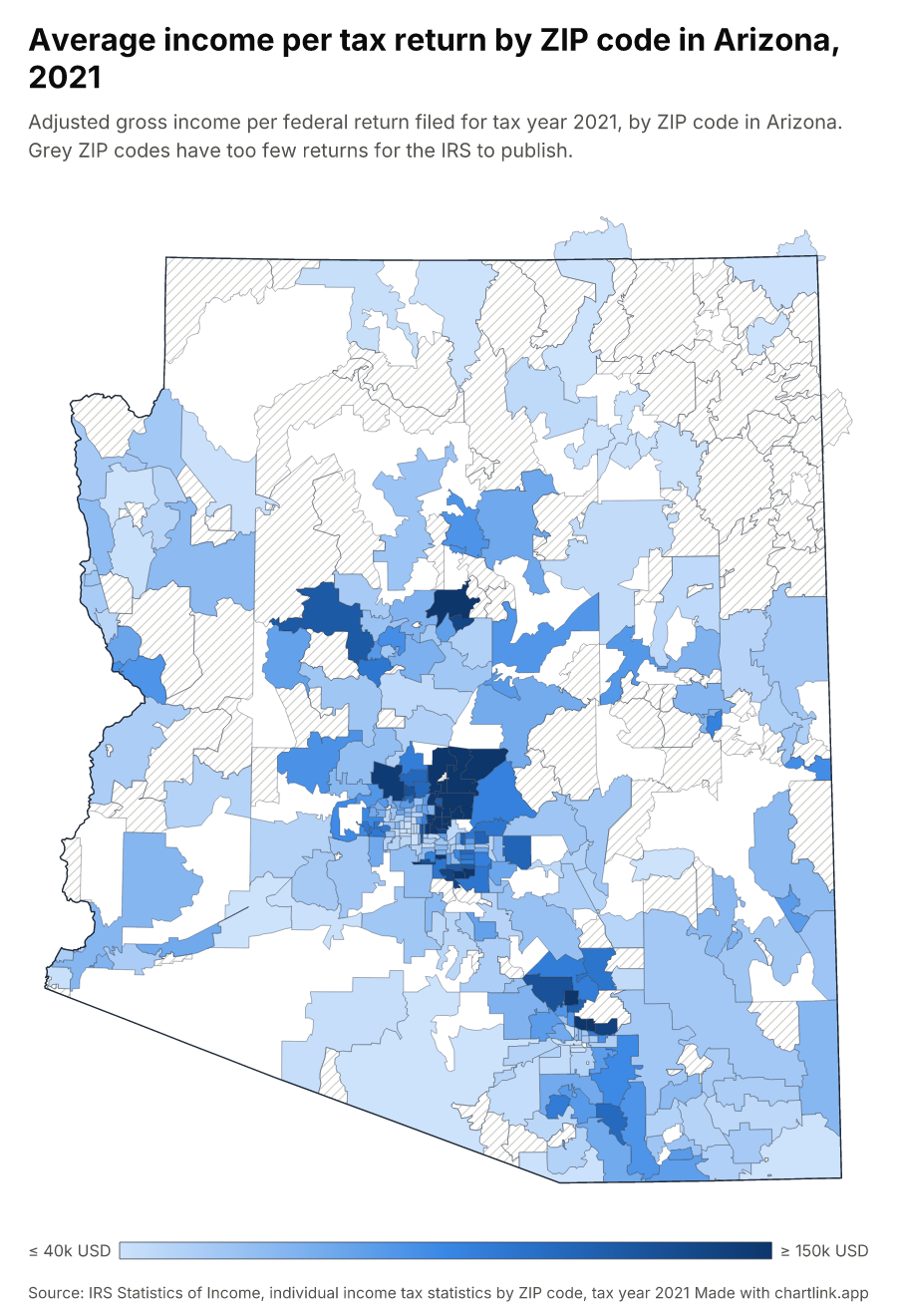 Average income per tax return by ZIP code in Arizona, 2021