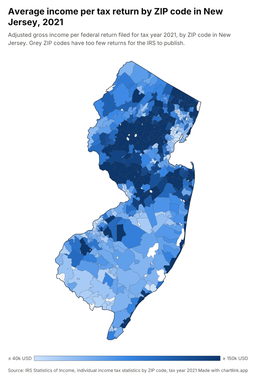Average income per tax return by ZIP code in New Jersey, 2021