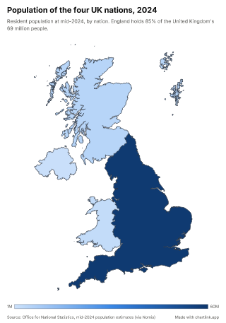 Map of the United Kingdom by nation, one number per nation