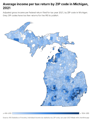 Map of Michigan by ZIP code, one number per ZIP code