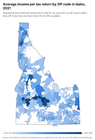 Map of Idaho by ZIP code, one number per ZIP code