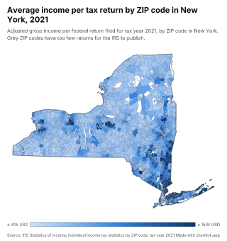 Map of New York by ZIP code, one number per ZIP code