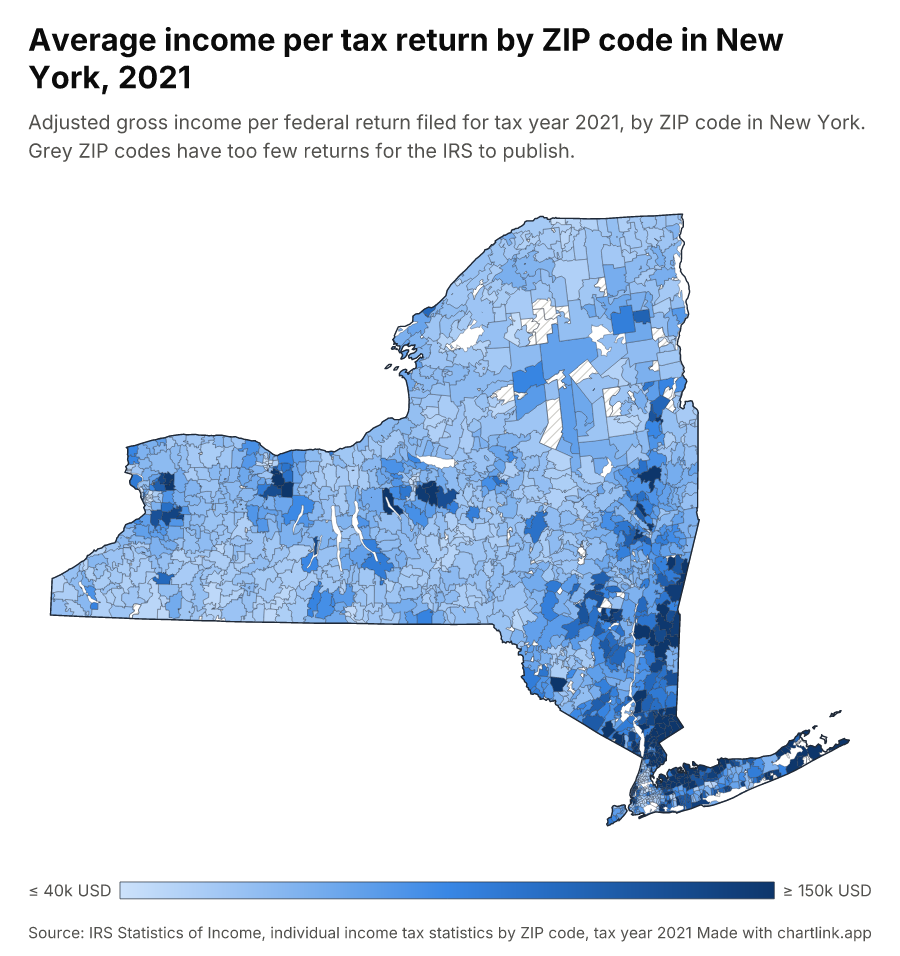 Average income per tax return by ZIP code in New York, 2021