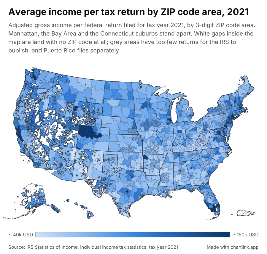 Average income per tax return by ZIP code area, 2021