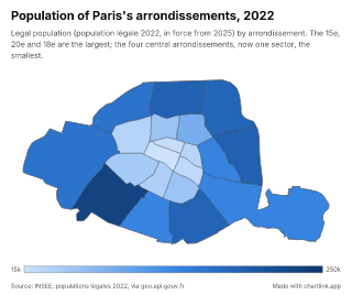 Map of Paris by arrondissement, one number per arrondissement