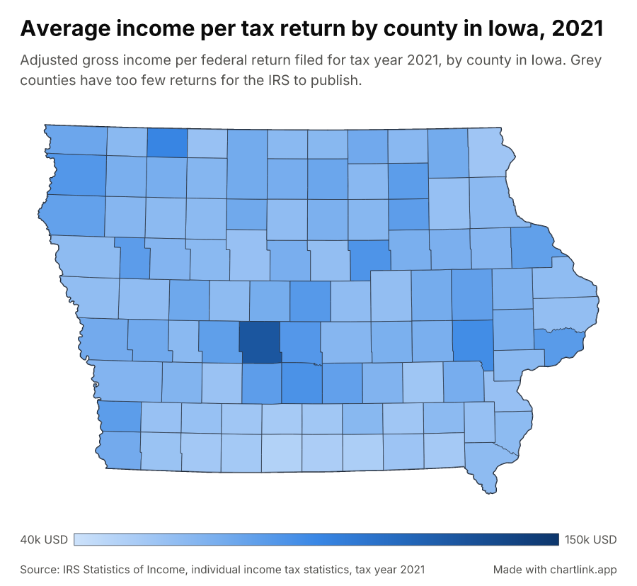 Average income per tax return by county in Iowa, 2021
