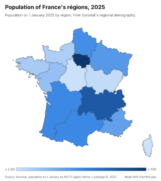 Map of France by région, one number per région