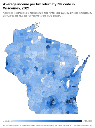 Map of Wisconsin by ZIP code, one number per ZIP code