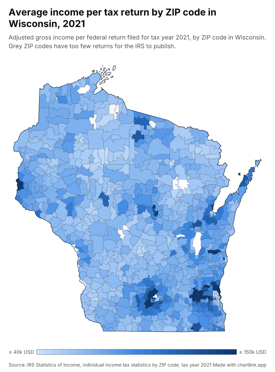 Average income per tax return by ZIP code in Wisconsin, 2021