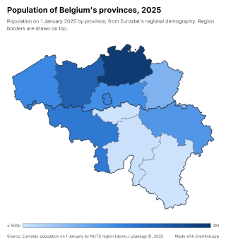 Map of Belgium by province, one number per province