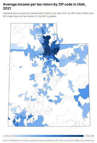 Map of Utah by ZIP code, one number per ZIP code