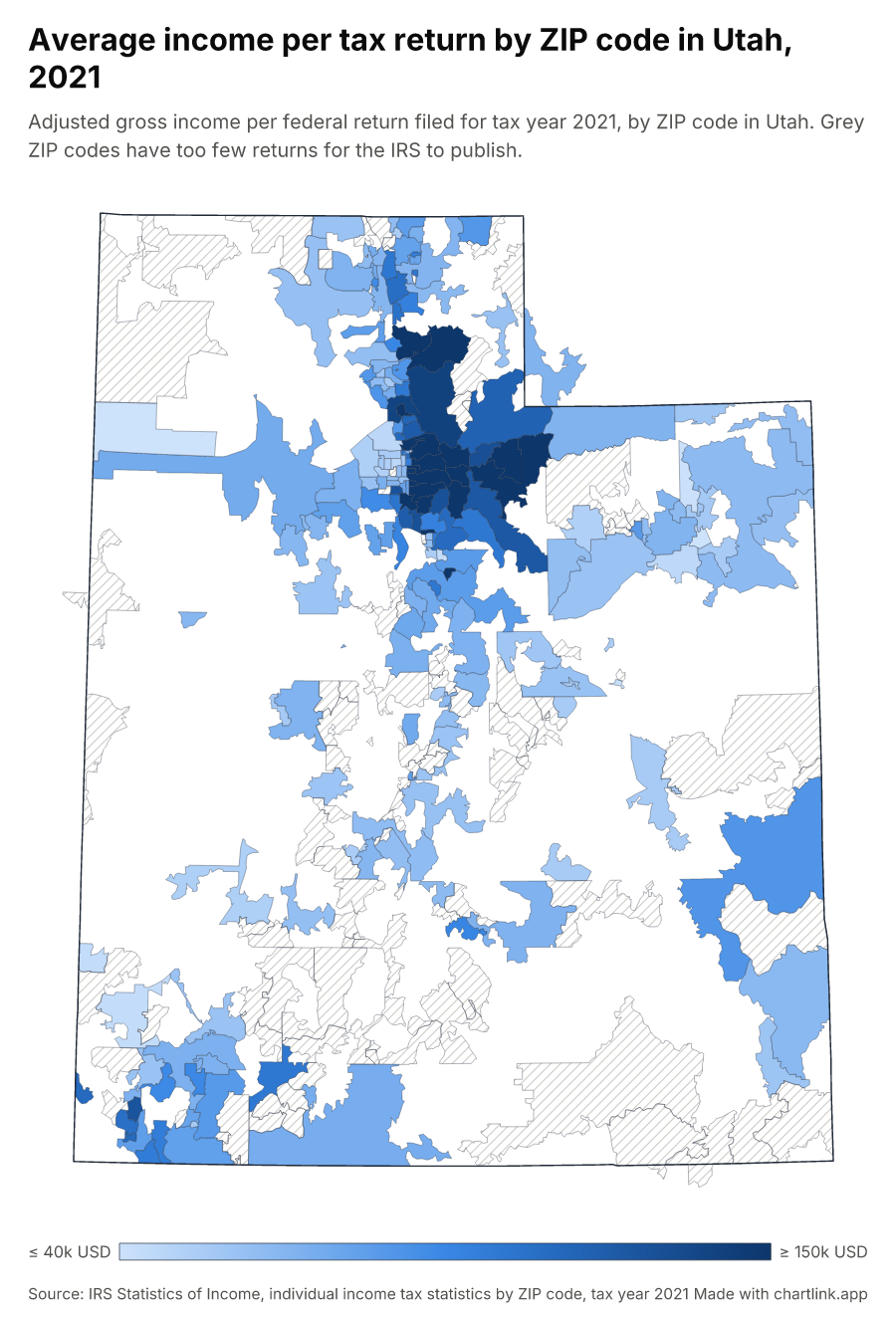 Average income per tax return by ZIP code in Utah, 2021