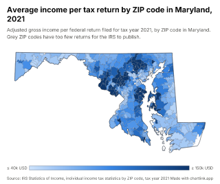 Map of Maryland by ZIP code, one number per ZIP code