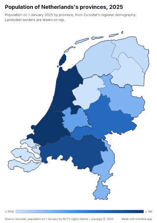 Map of the Netherlands by province, one number per province