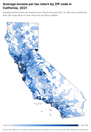 Map of California by ZIP code, one number per ZIP code