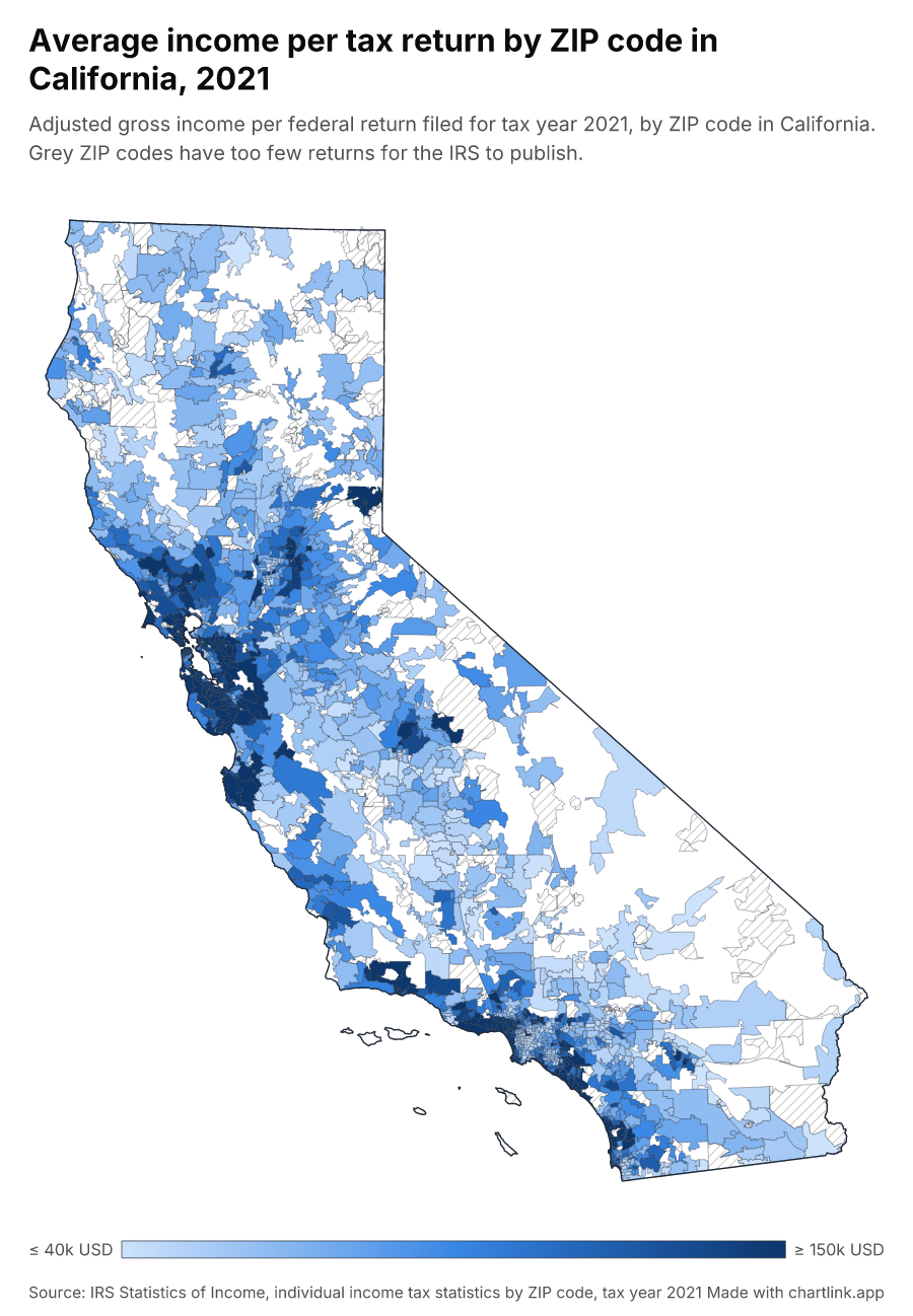 Average income per tax return by ZIP code in California, 2021