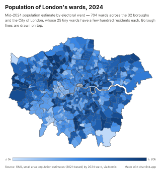 Map of London by ward, one number per ward
