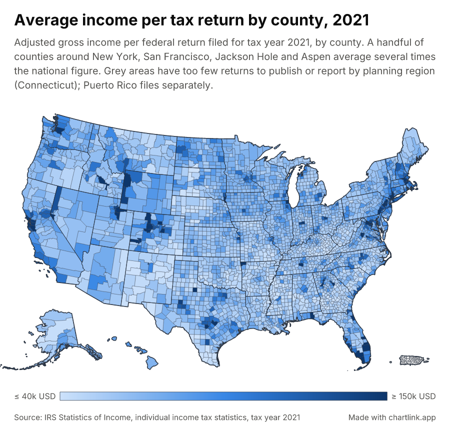 Average income per tax return by county, 2021