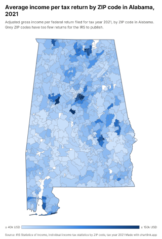 Map of Alabama by ZIP code, one number per ZIP code