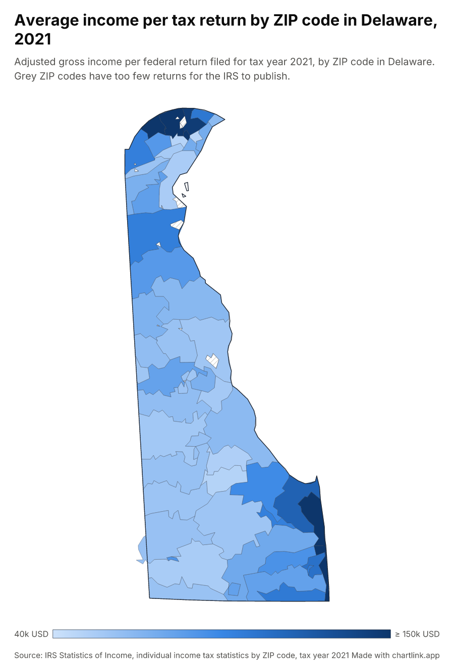 Average income per tax return by ZIP code in Delaware, 2021