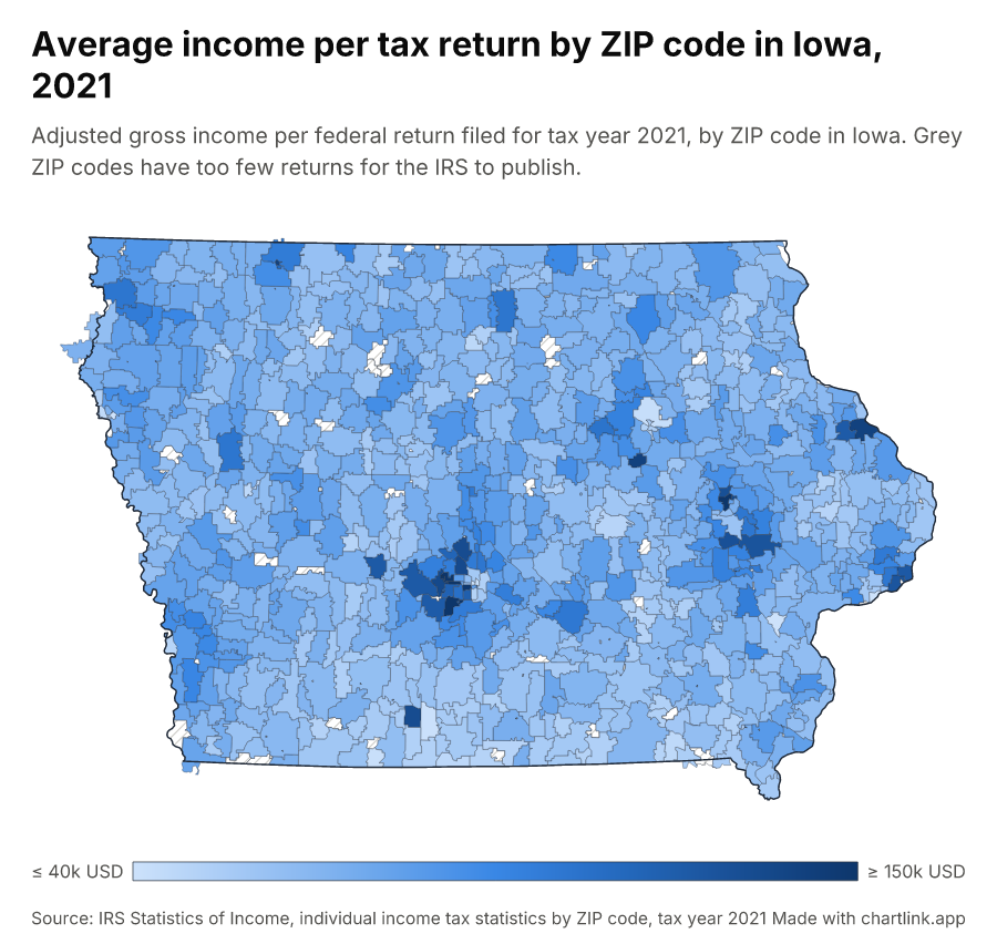 Average income per tax return by ZIP code in Iowa, 2021