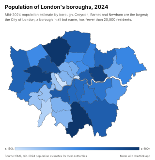 Map of London by borough, one number per borough