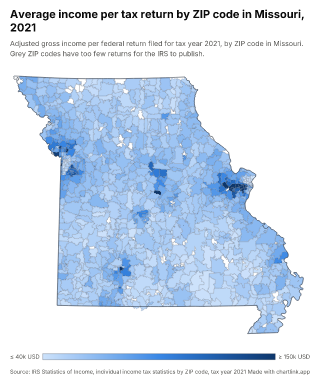Map of Missouri by ZIP code, one number per ZIP code