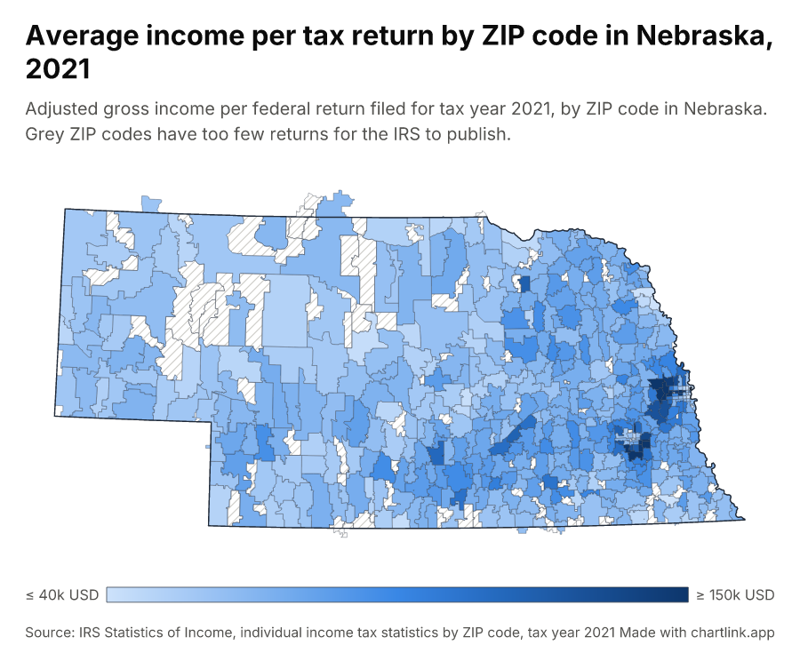Average income per tax return by ZIP code in Nebraska, 2021