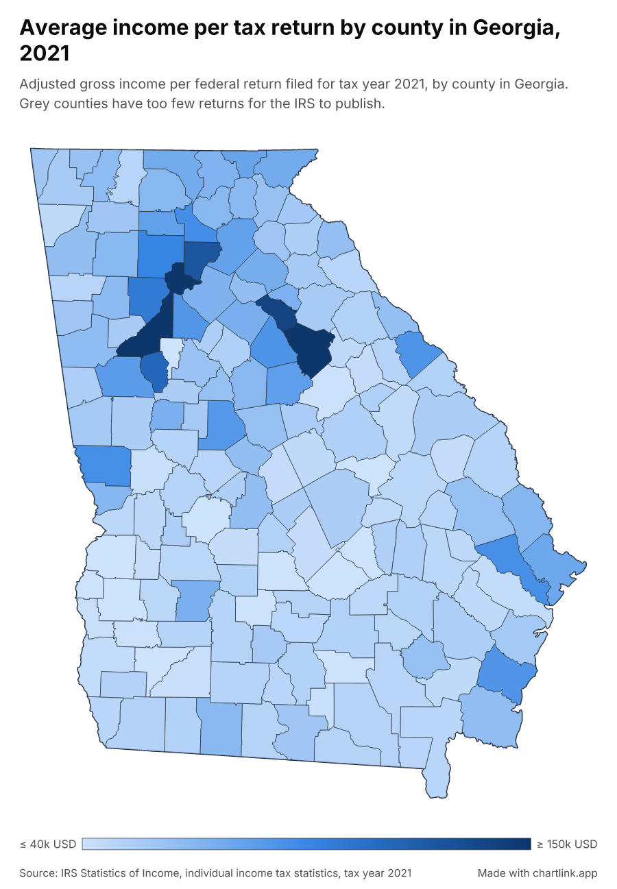 Average income per tax return by county in Georgia, 2021