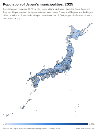 Map of Japan by municipality, one number per city, town, village or ward