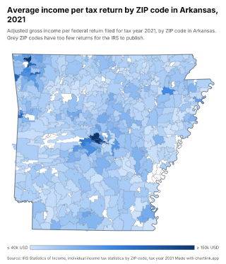 Map of Arkansas by ZIP code, one number per ZIP code