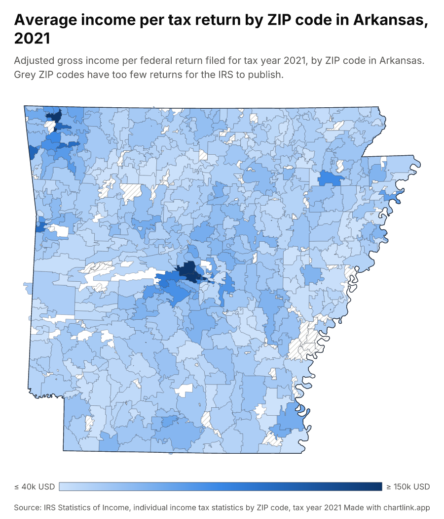 Average income per tax return by ZIP code in Arkansas, 2021