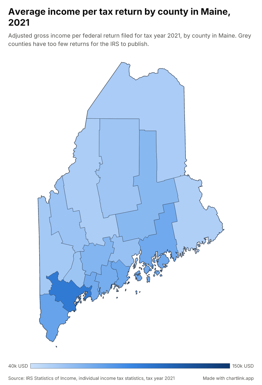 Average income per tax return by county in Maine, 2021
