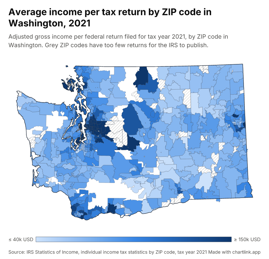 Average income per tax return by ZIP code in Washington, 2021