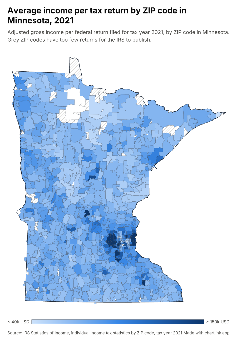Average income per tax return by ZIP code in Minnesota, 2021
