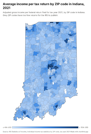 Map of Indiana by ZIP code, one number per ZIP code