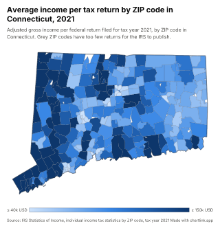 Map of Connecticut by ZIP code, one number per ZIP code