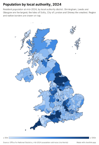 Map of the United Kingdom by local authority, one number per council area, with the region borders