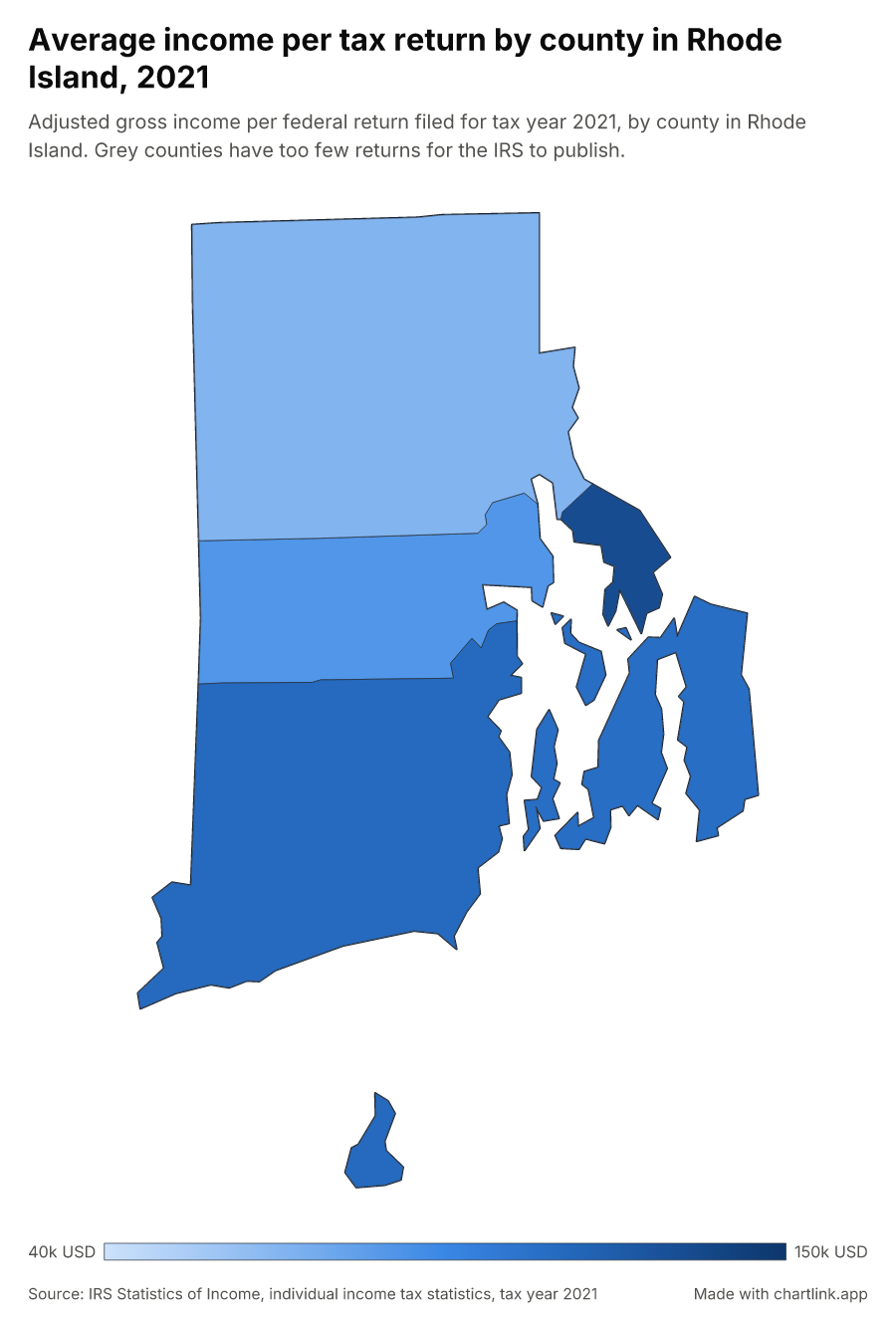 Average income per tax return by county in Rhode Island, 2021