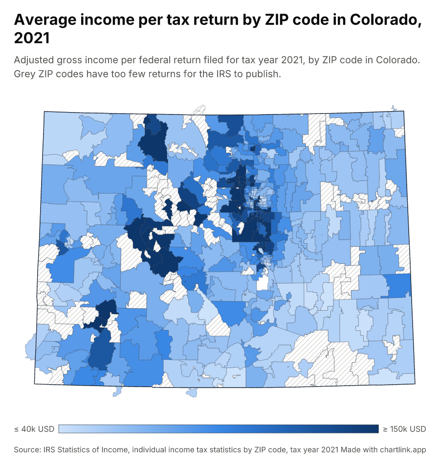 Average income per tax return by ZIP code in Colorado, 2021