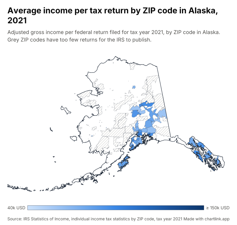 Average income per tax return by ZIP code in Alaska, 2021